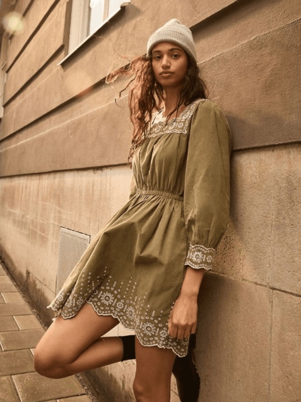 MADEWELL Embroidered Square Neck Corduroy Mini Dress Olive Tan Size 3X Boho Chic